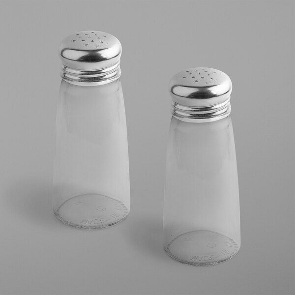 Two Tablecraft salt and pepper shakers with stainless steel tops.