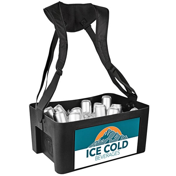 A black IRP Hawker cooler with a black strap and a black label with silver cans inside.