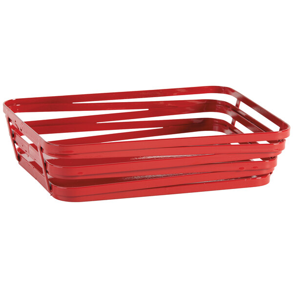 A red rectangular metal wire basket with four handles.