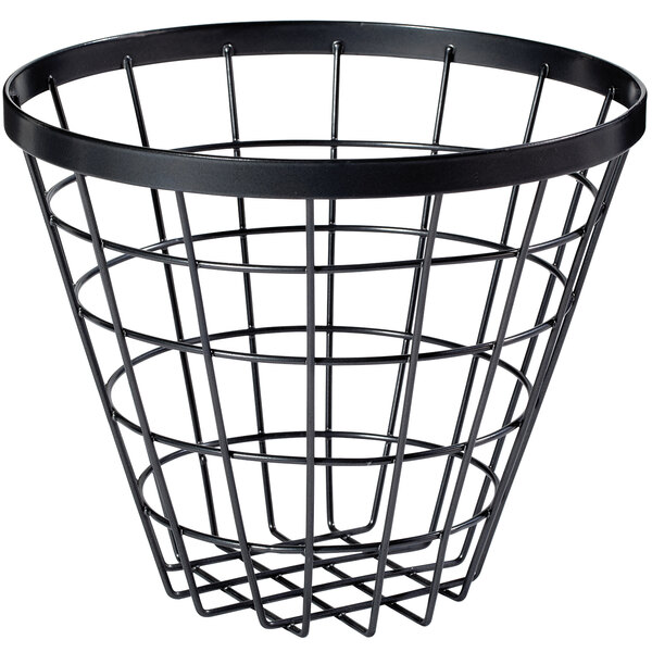A gray metal wire basket with a handle.