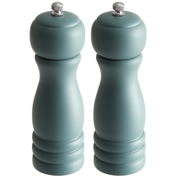 Acopa 4 Matte Steel Blue Wooden Salt Shaker and Pepper Mill Set