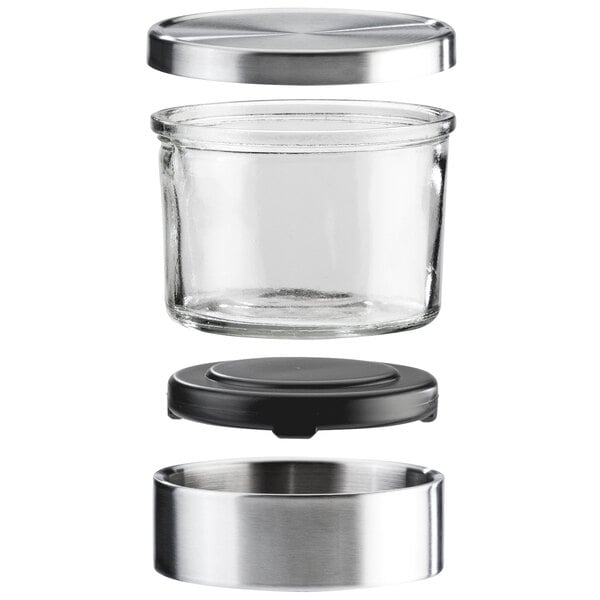 A Cal-Mil large glass mixology jar with a metal lid on a counter.