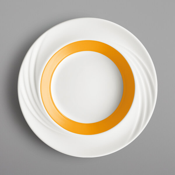 A white porcelain bowl with an orange rim.
