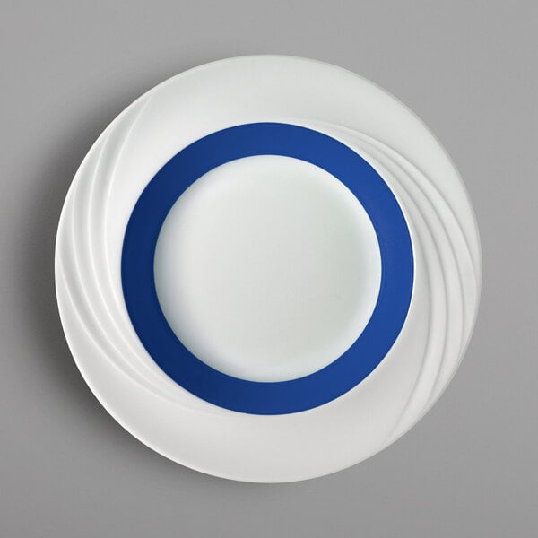 A white porcelain bowl with a dark blue rim.