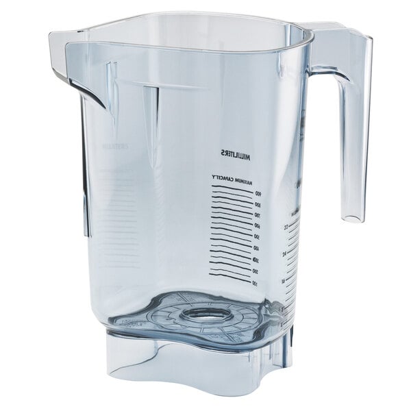 A clear plastic Vitamix blender jar with a handle.