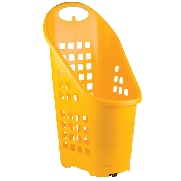 A close up of a yellow plastic shopping flexi-cart with wheels.