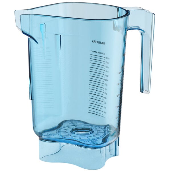 A blue plastic Vitamix blender jar with a handle and measuring cup.