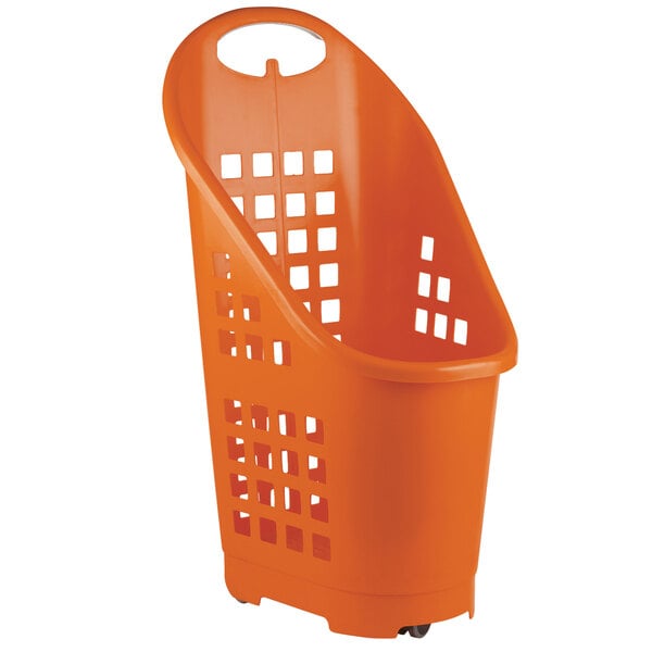 An orange plastic Garvey flexi-cart basket with wheels and handles.