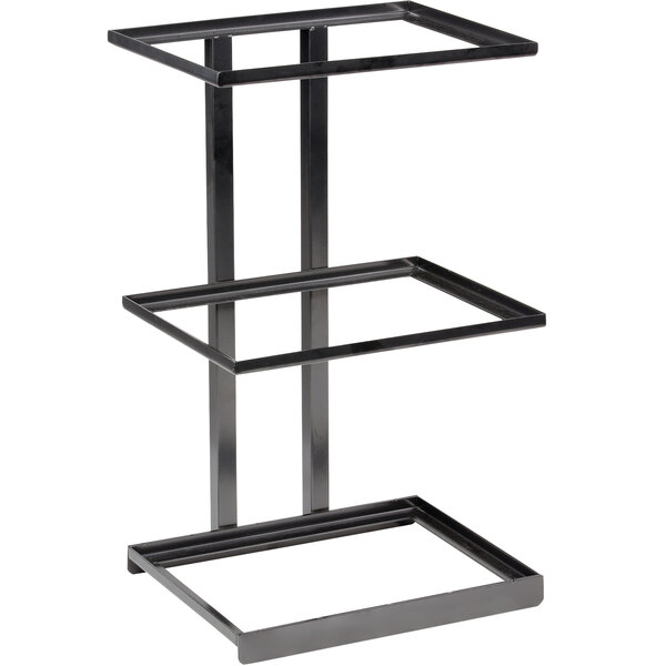 A metal gray rectangular 3-tier stand with three shelves.