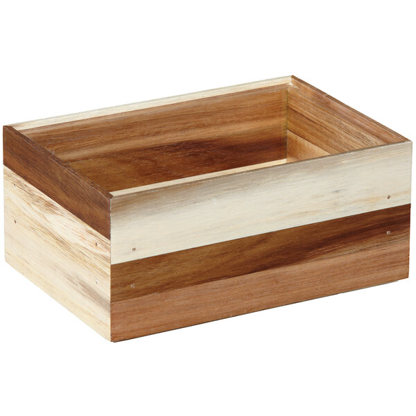 A rectangular wooden display box with a white stripe.