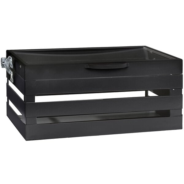 GET Enterprises CH-FULL-MG Curator Gray Full Size Metal Crate Chafer Stand with Self-Closing Lid - 21 3/4" x 13 1/2" x 9 1/2"