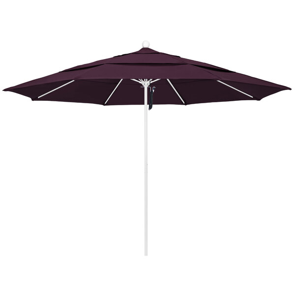 A purple umbrella with a white pole.