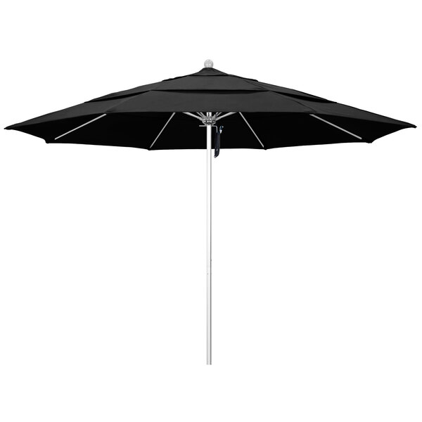 A black California Umbrella ALTO round umbrella with a silver pole.