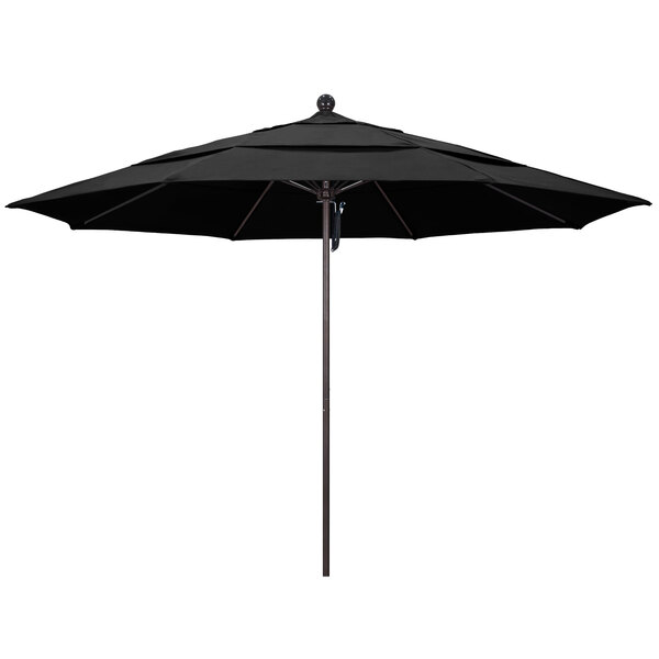 A black California Umbrella with a bronze metal pole.