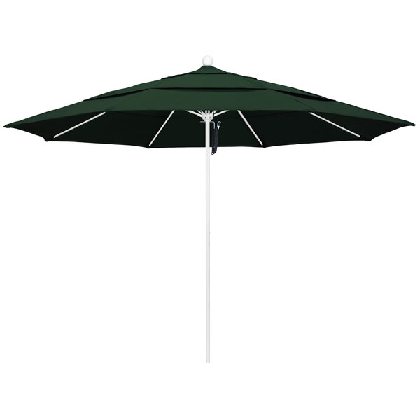 A close-up of a California Umbrella with a Pacifica Hunter Green canopy and a white pole.