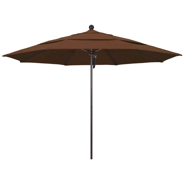 A brown California Umbrella ALTO round umbrella with a bronze pole on a white background.