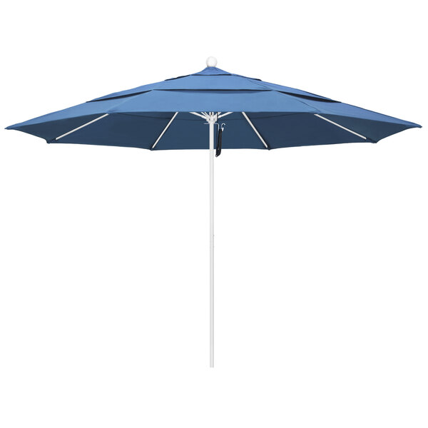 A frost blue California Umbrella with a white pole.