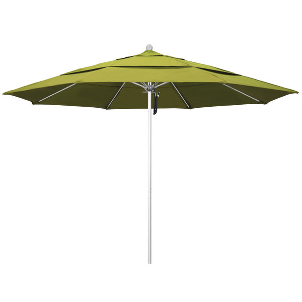 A close-up of a kiwi green California Umbrella with silver pole.