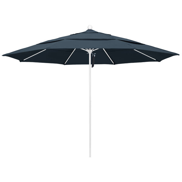 A California Umbrella with a Pacifica Sapphire canopy on a white background with a matte white pole.