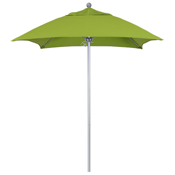 A green California Umbrella on a silver pole.