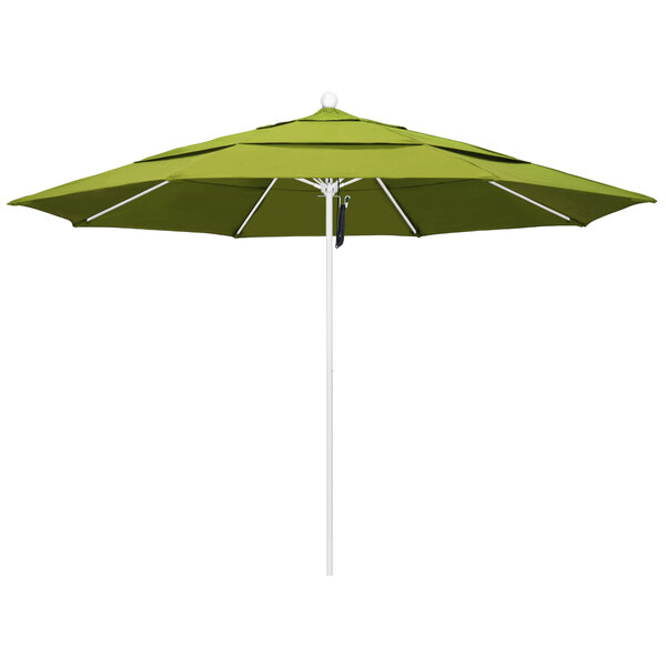 A green umbrella with a white pole.