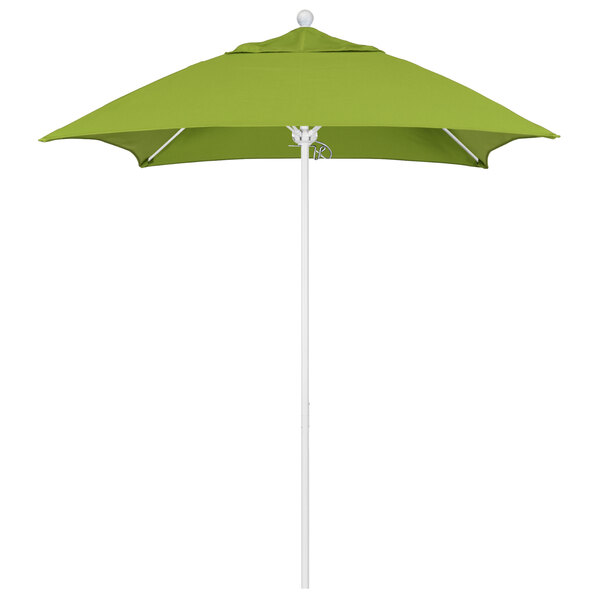 A green California Umbrella ALTO square table umbrella with a white pole.