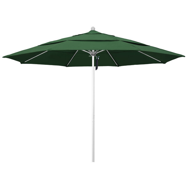 A close-up of a California Umbrella with a Hunter Green canopy.