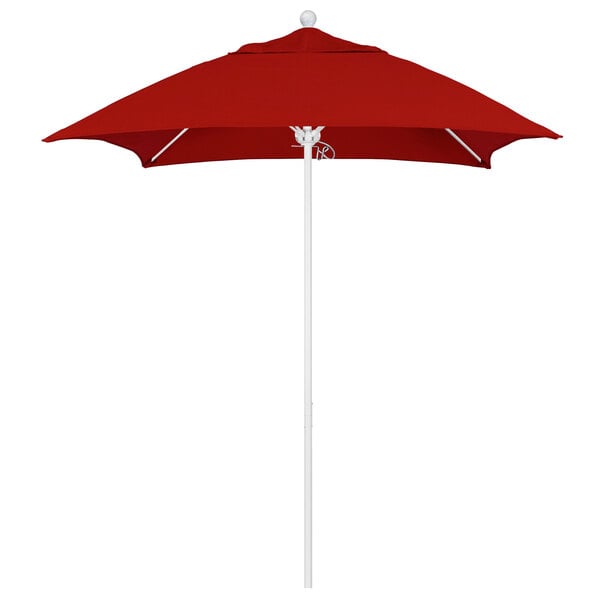 A red California Umbrella with a white pole.