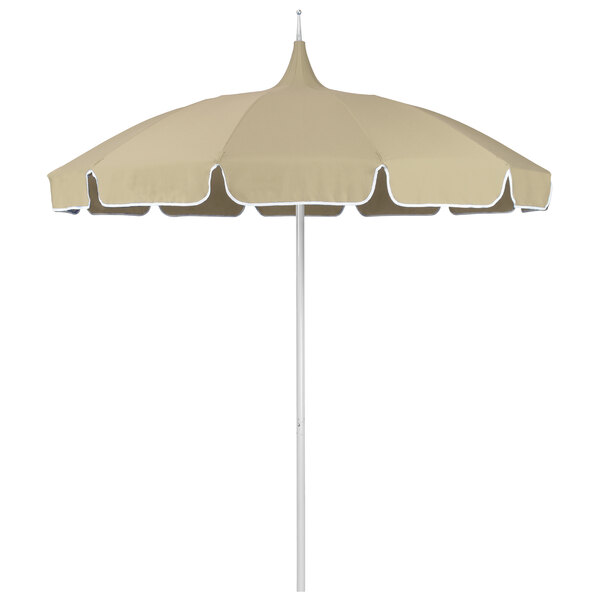 A tan umbrella with white piping.