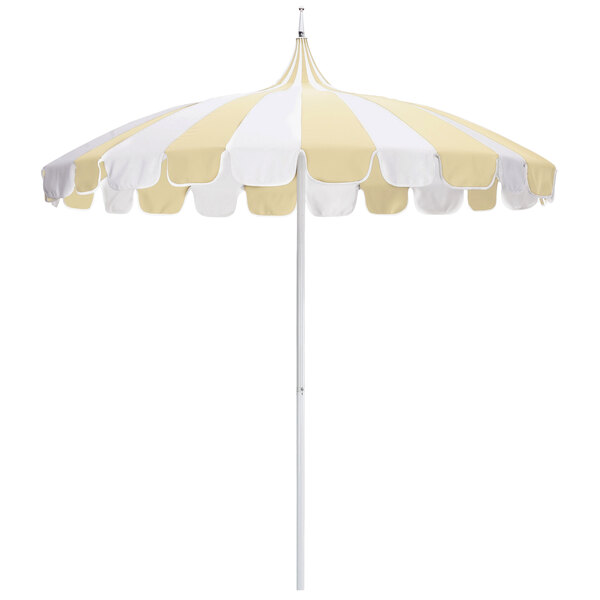 A yellow and white striped California Umbrella with a white pole.
