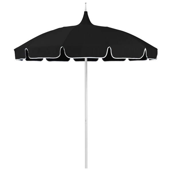 A black California Umbrella with white trim on the canopy.