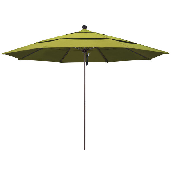 A green California Umbrella with a bronze pole.