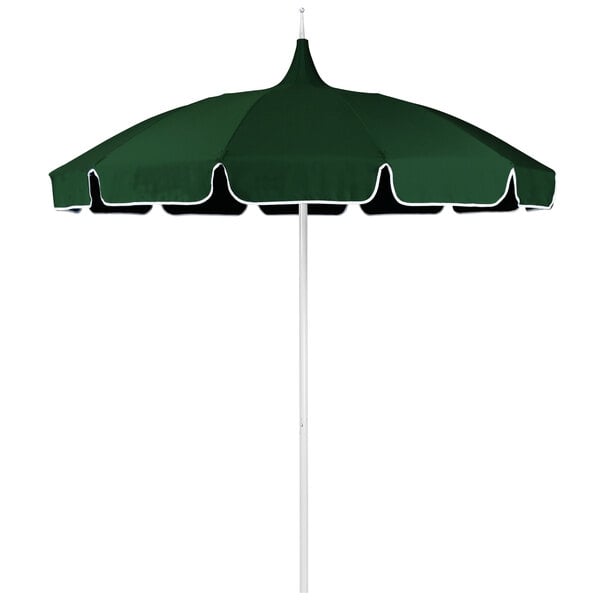 A forest green California Umbrella with a pointy top and natural braid trim.
