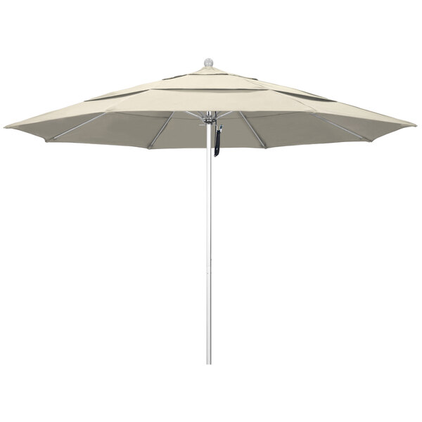 An ALTO California Umbrella with an Antique Beige Olefin Canopy and Silver Pole.