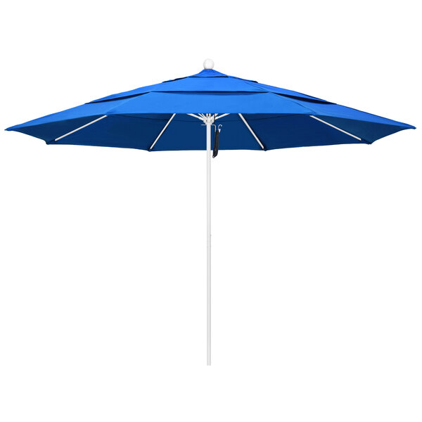 A blue umbrella with a white pole.
