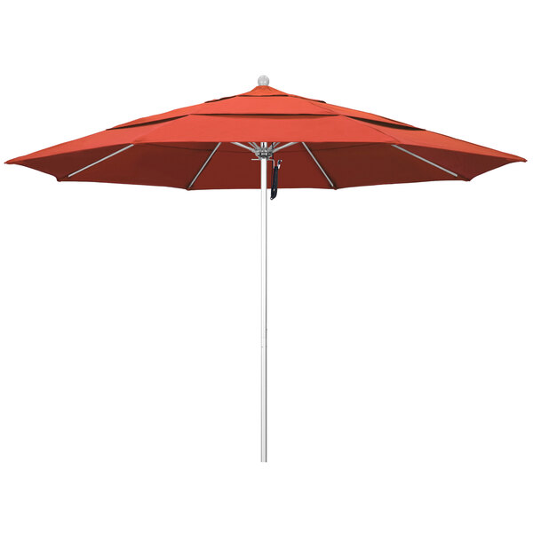 A red California Umbrella with a sunset-colored canopy.