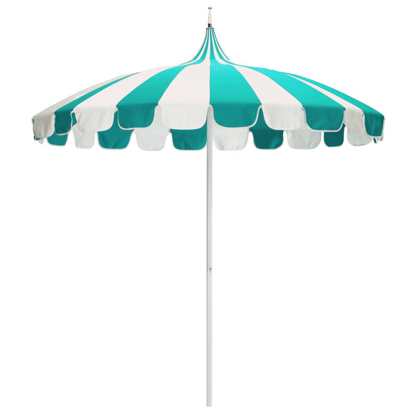 A California Umbrella with a white and turquoise striped Sunbrella canopy.