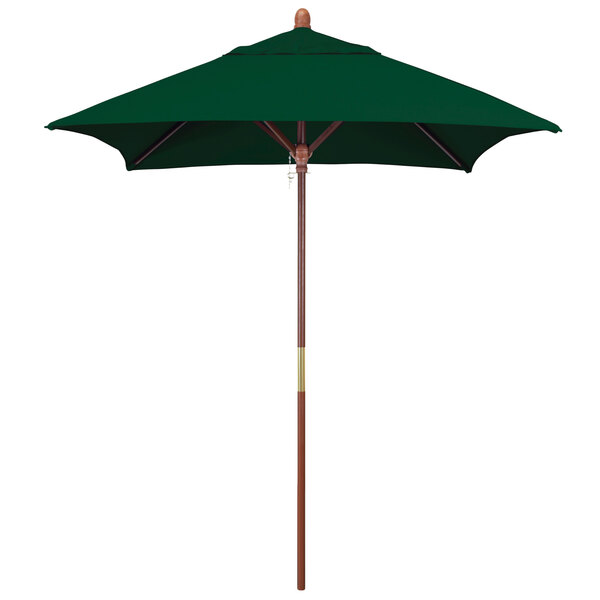 A California Umbrella Grove square outdoor table umbrella with a Forest Green Sunbrella canopy and wooden pole.