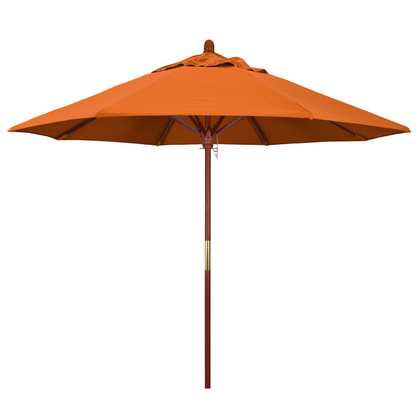 A California Umbrella Pacifica Grove outdoor umbrella with a Tuscan orange canopy and hardwood pole.