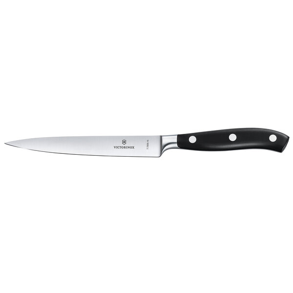 A Victorinox Grand Maitre forged utility knife with a black handle.