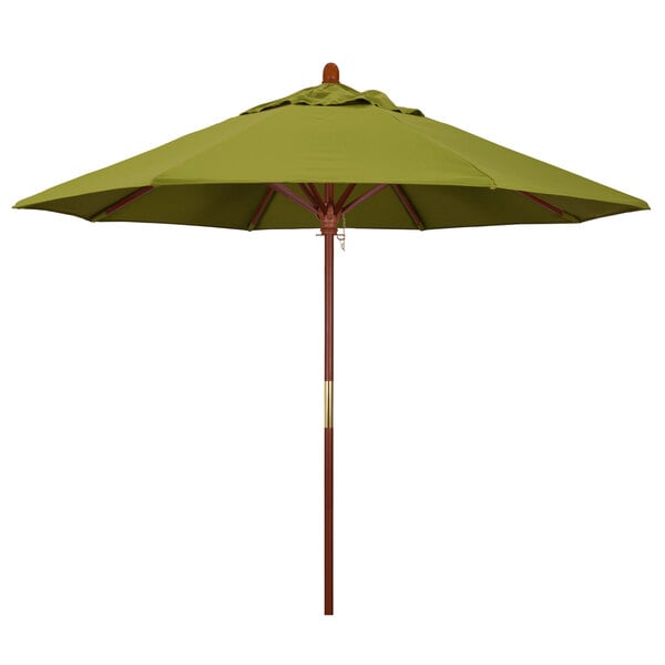 A California Umbrella Pacifica Grove outdoor table umbrella with a Pacifica Ginkgo canopy and wooden pole.