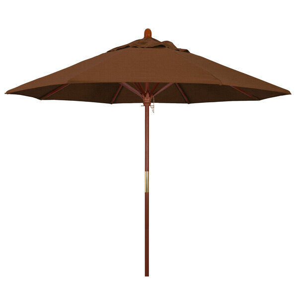 A brown California Umbrella with a wooden pole.