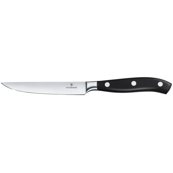 A Victorinox Grand Maitre steak knife with a black POM handle and silver blade.