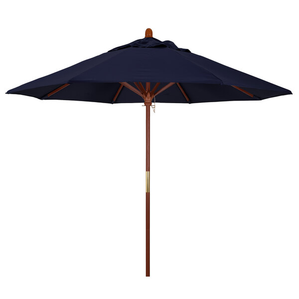 A navy California Umbrella with a wooden pole.