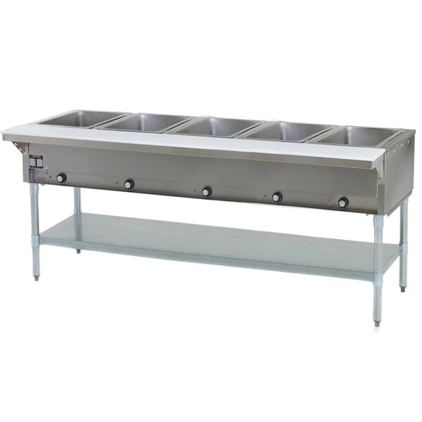 An Eagle Group stainless steel natural gas steam table with five open wells.