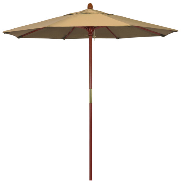 A California Umbrella round tan umbrella with a hardwood pole.