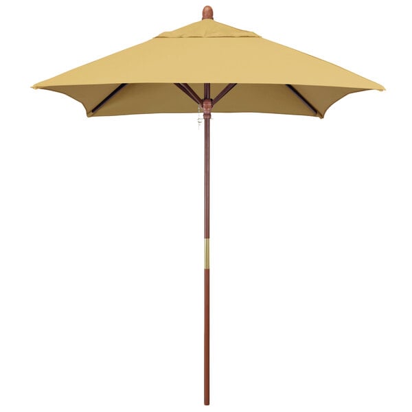A California Umbrella wheat Sunbrella canopy with wooden pole.