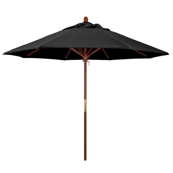 A black California Umbrella with a wooden pole.