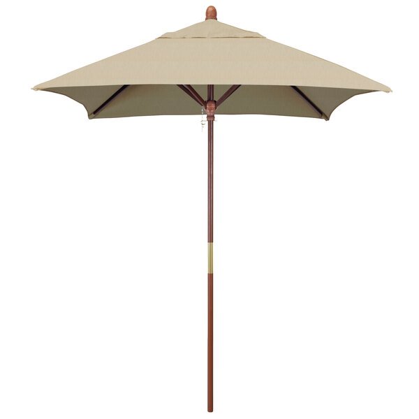 A California Umbrella Grove patio umbrella with a wooden pole and antique beige Sunbrella canopy.