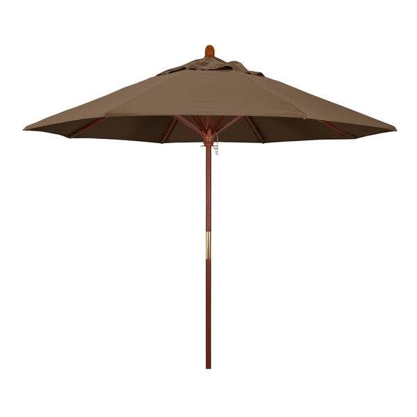 A close-up of a California Umbrella Grove round outdoor umbrella with a cocoa brown Sunbrella canopy and wooden pole.